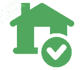 Green icon of a house with a check mark over it.