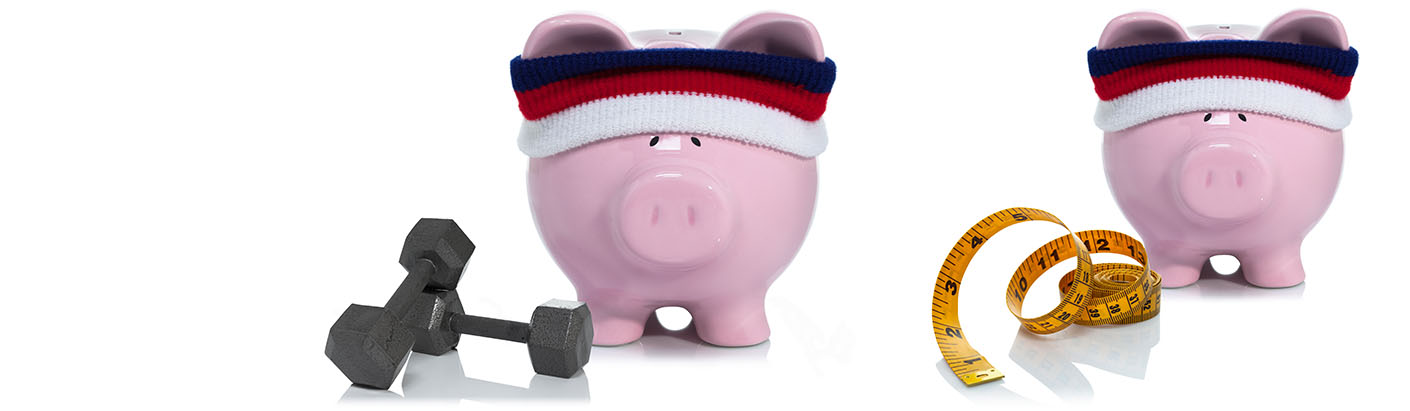Two piggy bank wearing red, white, and blue sweat bands next to weights.