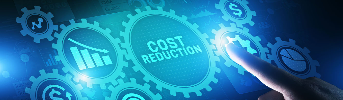 Blue digital graphic with a finger pointing to cost reduction.