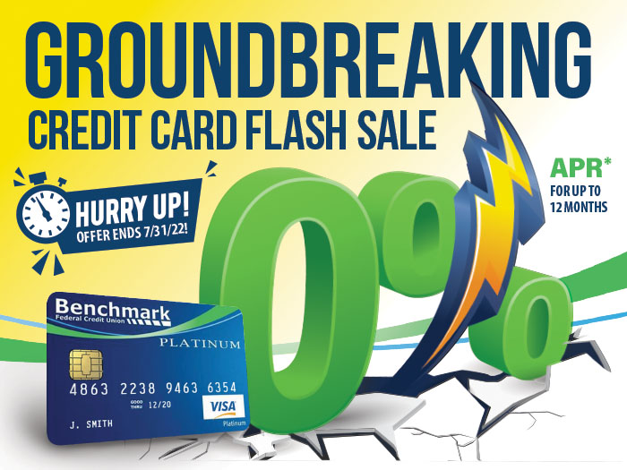 Benchmark VISA Platinum Credit Card with a 0% graphic next to a lightning bolt.