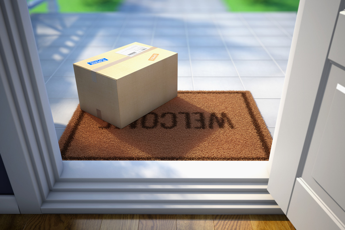 Delivery package sitting outside of a door on a welcome mat.