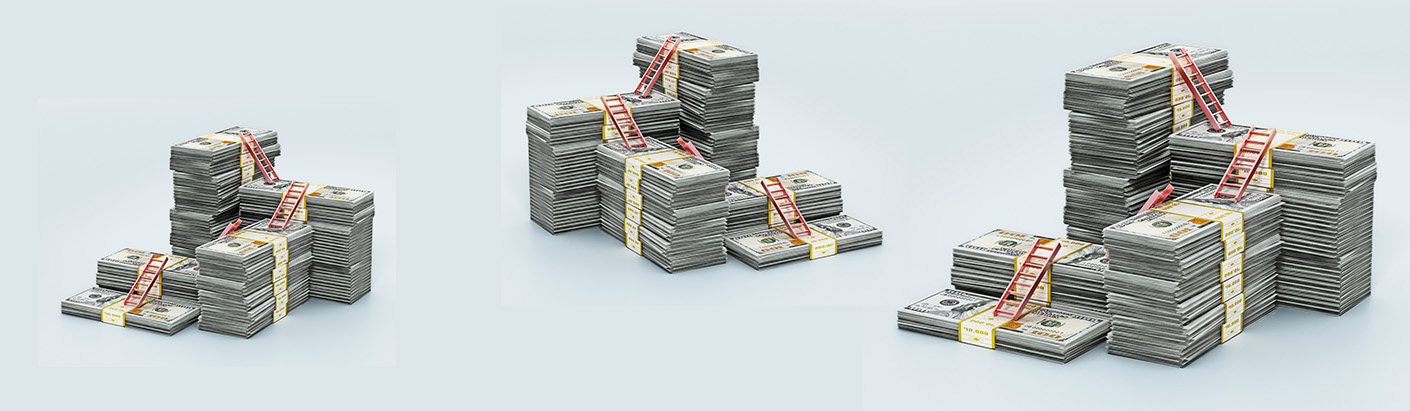 Stacks of dollar bills with ladders set up to climb to the top of them.