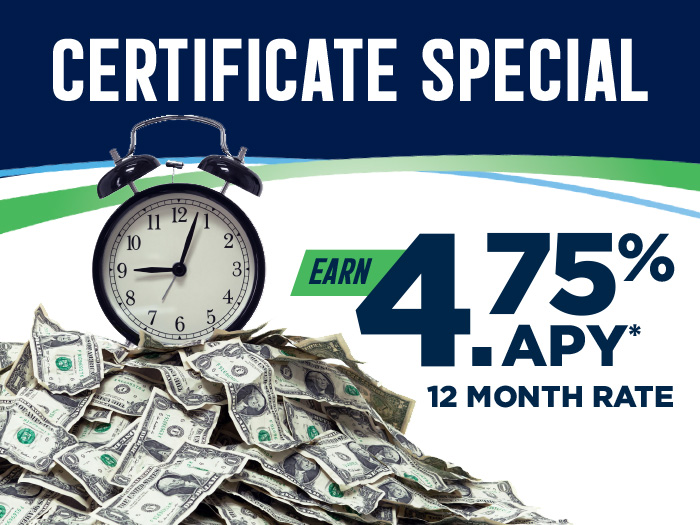 Alarm clock on a mountain of money to highlight our 12 month certificate rate.